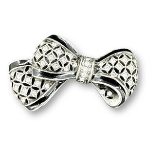 Vintage Anne Klein Brooch Bow Rhinestones & Black Enamel Silver-Toned 2" Pin AK